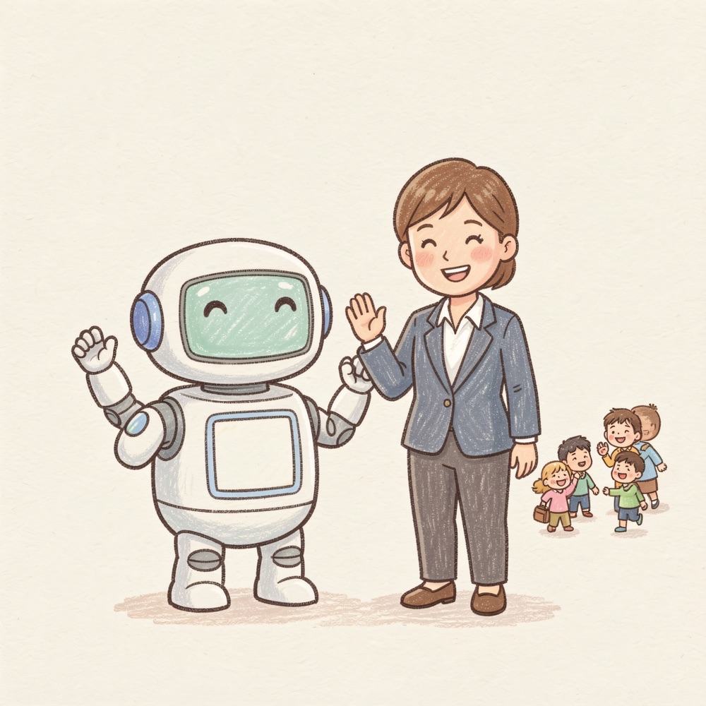 Một chú robot AI dễ thương đứng cạnh doanh chủ đang mỉm cười, khách tí hon đi tới